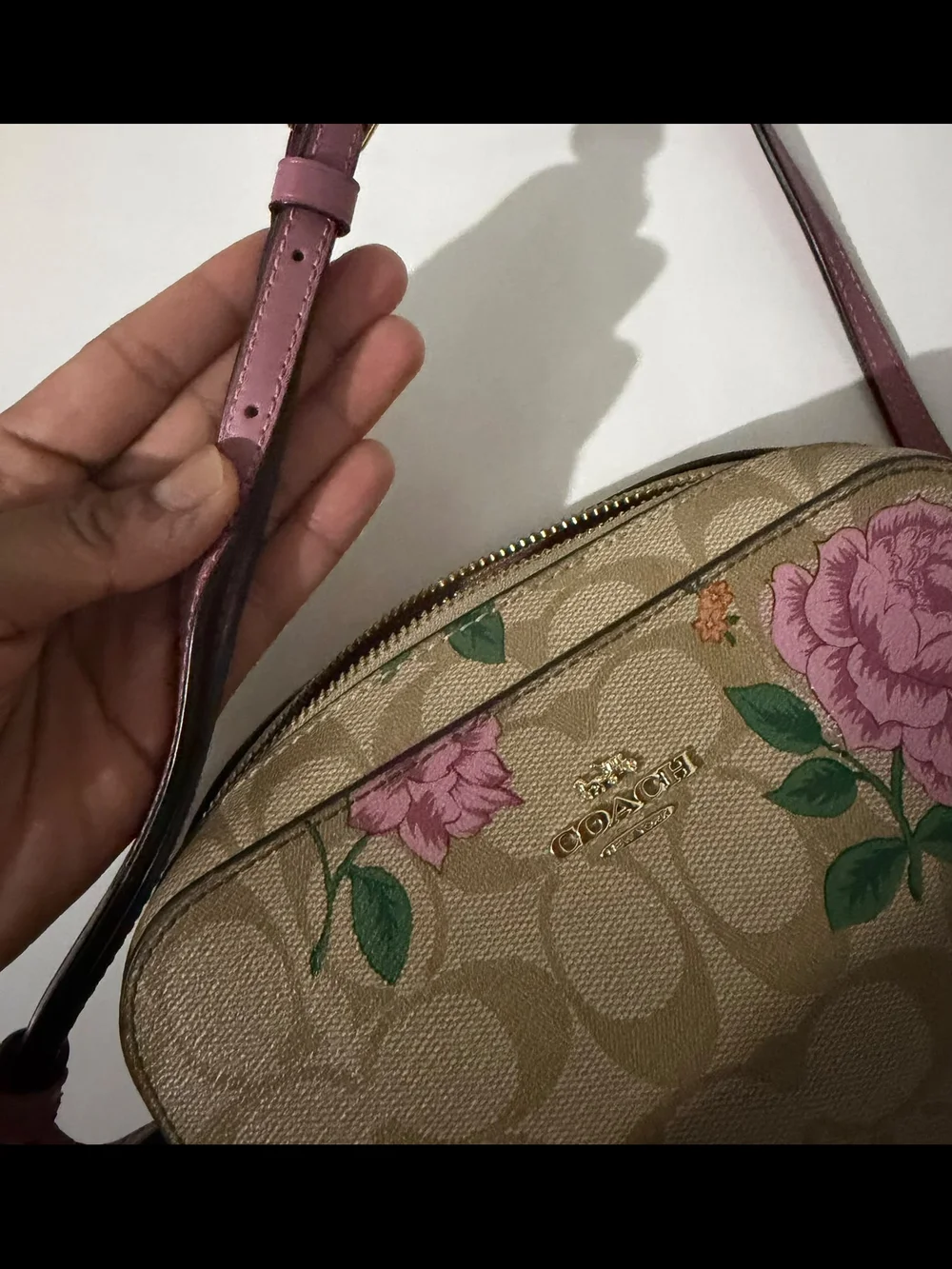 Coach Signature Floral Crossbody in Tan and Pink